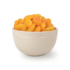 Bowl of dried apricots, isolated on white background. Clipping mask.