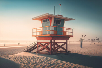 Obraz premium Lifeguard Tower under the blue sky. Generative AI