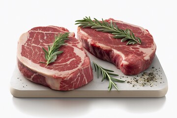 Fresh raw rib eye steaks isolated on white background. Generative AI