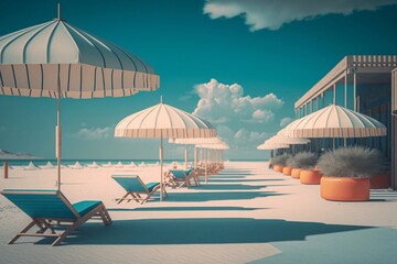 Sunbeds and umbrella at luxury beach resort. Generative AI