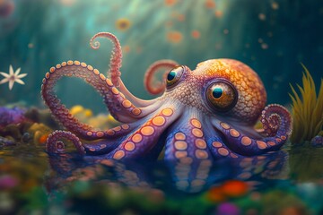 Colorful octopus in the ocean. Generative AI - obrazy, fototapety, plakaty
