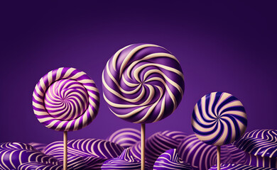 Fototapeta na wymiar Confectionery. Illustration of cute lollipops on purple background with copy space. Generative AI