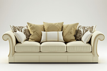 Ivory colored sofa with cushions. Interior design illustration of a couch reated using generative AI tools.