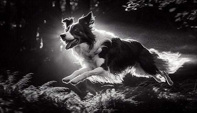 A black and white border collie leaping over a stream in a forest clearing, the dog is mid-air, tongue lolling out of its mouth in excitement