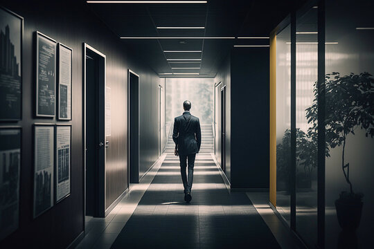 Rear view of a business executive staring out of a bright window. Generative AI