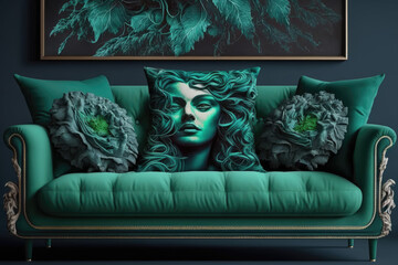 Jade green colored sofa with cushions. Interior design illustration of a couch reated using generative AI tools.