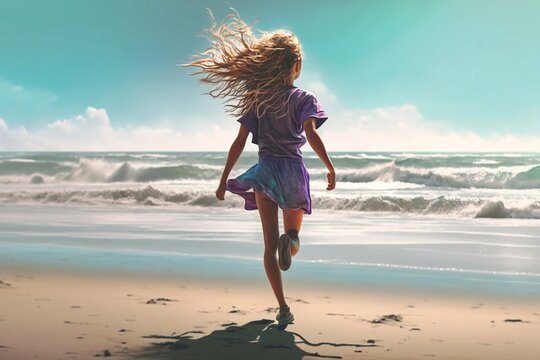 Rear view of a girl running to the ocean. Generative AI