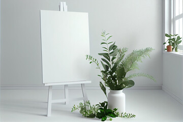 easel with rectangle canvas, white room, bohemian greenery and flowers, with a lot of copy space. - Generative AI