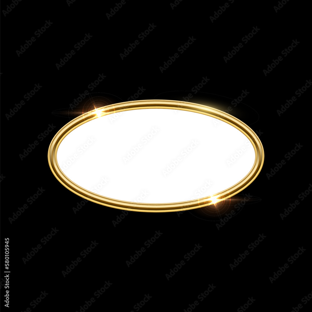 Poster 3d plate button of ellipse shape with golden frame vector illustration. realistic isolated website e