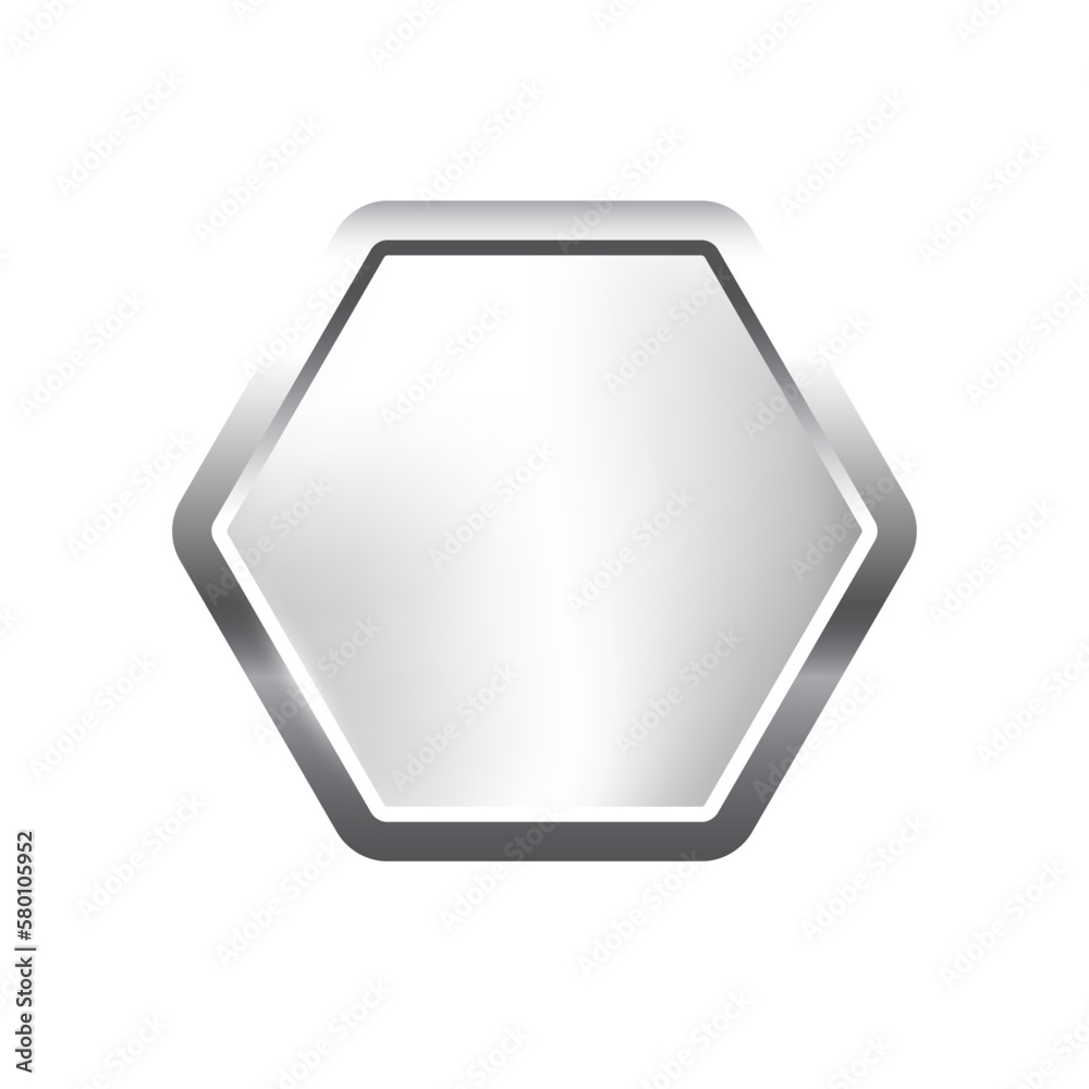 Wall mural silver hexagon button with frame vector illustration. 3d steel glossy elegant design for empty emble