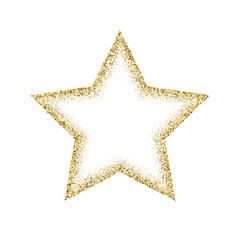 Star shape gold frame made of glitters with bright glow light effect vector illustration. Abstract golden border from luxury metal dust for swirl portal, decorative royal award on white background