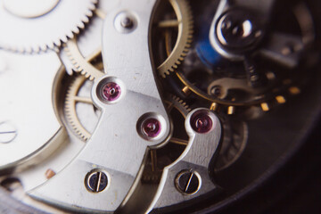 macro shot of details of an old Swiss watch, small gears, springs and clock mechanism close-up