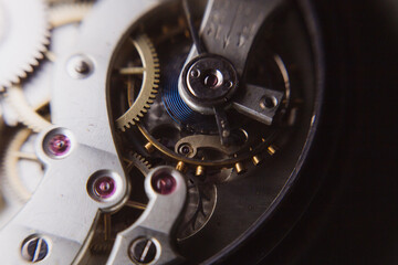 macro shot of details of an old Swiss watch, small gears, springs and clock mechanism close-up