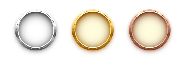 Award golden, silver and bronze blank medals 3d realistic illustration. First, second and third place medals or buttons isolated on black background. Certified. Quality blank, empty badge, emblem set