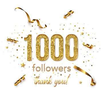 1000 followers celebration square vector banner. Social media achievement poster. One thousand followers thank you lettering. Golden sparkling confetti ribbons. Shiny gratitude text on white
