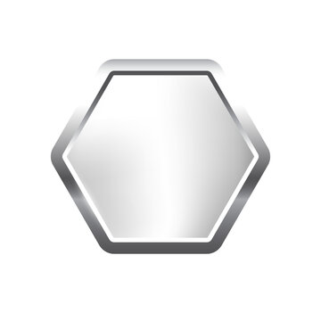 Silver hexagon button with frame vector illustration. 3d steel glossy elegant design for empty emblem, medal or badge, shiny and gradient light effect on plate isolated on white background