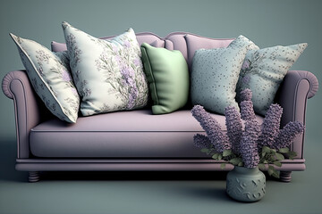 Lilac colored sofa with cushions. Interior design illustration of a couch reated using generative AI tools.