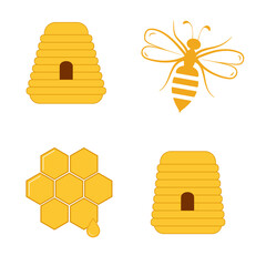 Yellow color bee hives, honey bee, hexagon cells, honeycombs, flat style icon symbol. Vector design, logo or label concept drawings isolated on white background.