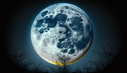 Fotobehang Volle maan en bomen full moon on a deep blue sky - Generative AI