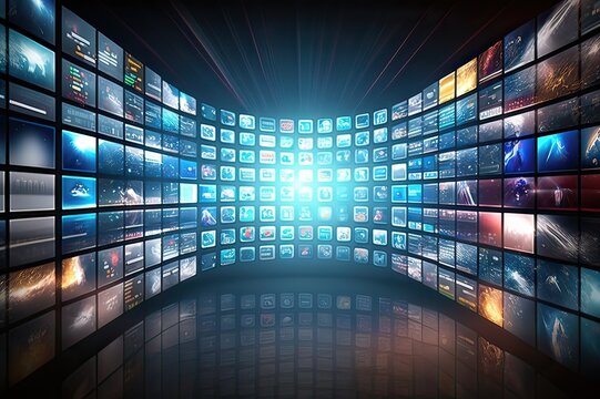 Smart TV Digital Media Wall of Screens Concept. Photo generative AI