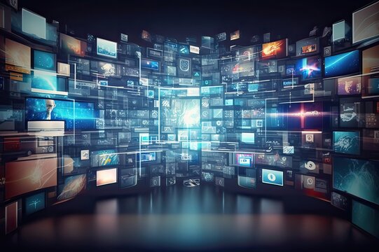 Smart TV Digital Media Wall of Screens Concept. Photo generative AI