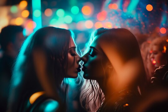 Two women kiss the other. Female friendship. Generative AI