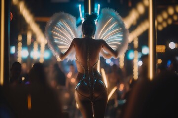 Flexible sexy girl dancing sensual dance by the pole. Generative AI - obrazy, fototapety, plakaty