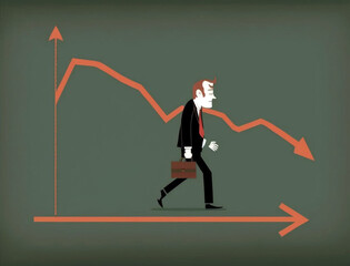 Depressed businessman with downtrend arrow. Flat vector. Concept of finance loss, bear market or bankruptcy.