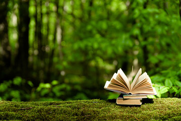 Old books lying on green moss in forest with trees in background. Open book with paper pages. Concept of knowledge, wisdom, fairy tales 