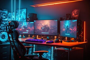 Neon-lit Gamer Room Interior. Photo generative AI