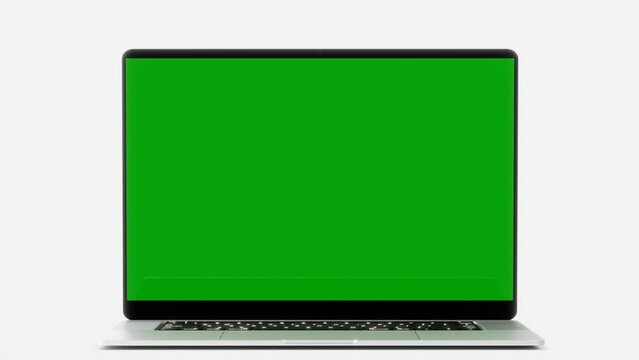 The laptop opens and the green screen turns on. 4K animation. Blank screen notebook monitor 3D render.