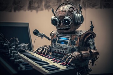 Ai music composer humanoid cyborg robot playing piano