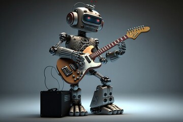 Obraz premium Humanoid cyborg robot playing a guitar. Artificial intelligence concept