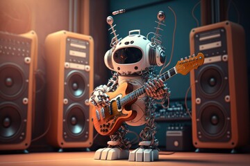 Humanoid cyborg robot playing a guitar. Artificial intelligence concept