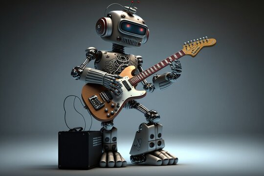 Humanoid cyborg robot playing a guitar. Artificial intelligence concept