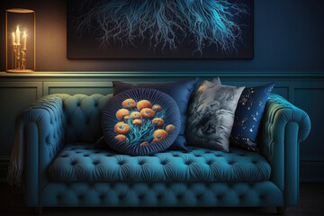 NIght blue colored sofa with cushions. Interior design illustration of a couch reated using generative AI tools.