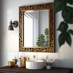 Square mirror in the white bathroom. Bathroom interior. Generative AI.