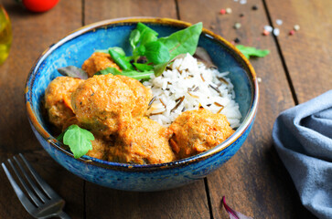 Meatballs with Rice Mix, Tasty Homemade Meal on Wooden Background