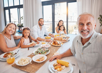 Big family, lunch selfie and food on table of dining room of modern apartment home for healthy meal, bonding love and celebrate event. Happy mother, father and children with grandparents eat together