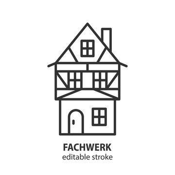 Fachwerk house line icon. Old building vector illustration. Editable stroke.