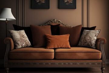 Nut brown colored sofa with cushions. Interior design illustration of a couch reated using generative AI tools.