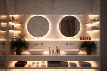 Round mirrors in the white bathroom with LED lights. Bathroom interior. Generative AI.