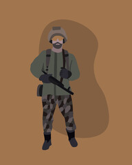 Vector isolated illustration of a military man with a weapon. The man is a soldier.