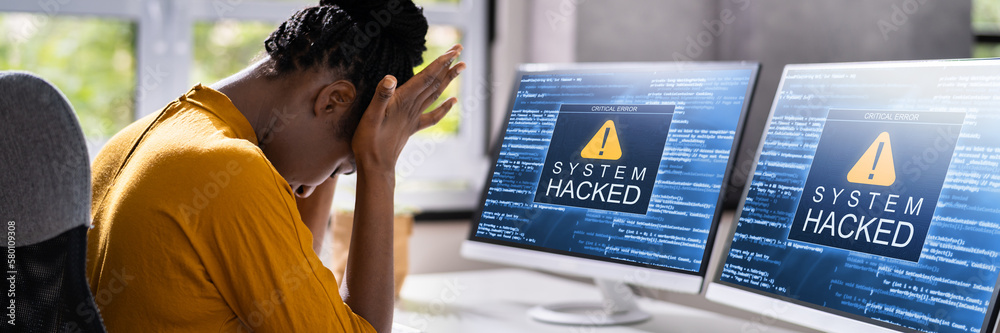 Poster computer system hacked. virus software screen