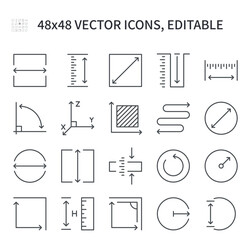 Simple vector line icons. On the subject of distance and length with magnification. Contains values ​​such as magnification, reduction, size measurement, diameter, and others.
 - obrazy, fototapety, plakaty