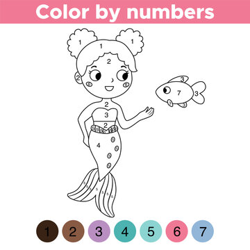 Coloring by numbers. Cute mermaid with fish. Coloring book for preschool kids. Fairy tale. Educational game. Vector illustration.