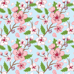 Sakura on white background. Blooming of the spring. Seamless pattern. Vector.