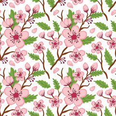 Fototapeta premium Sakura on white background. Blooming of the spring. Seamless pattern. Vector.