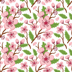 Sakura on white background. Blooming of the spring. Seamless pattern. Vector.