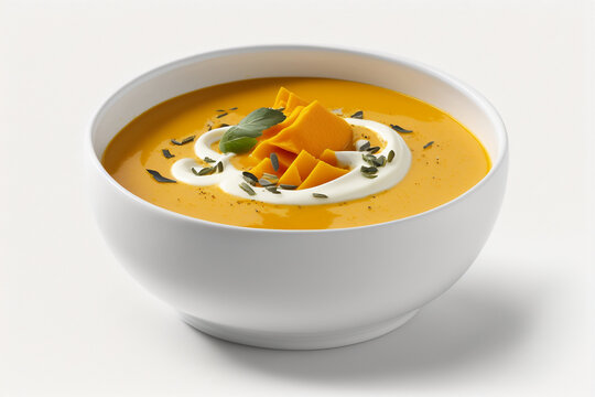 photo of pumpkin soup on white plain isolated - Generative AI
